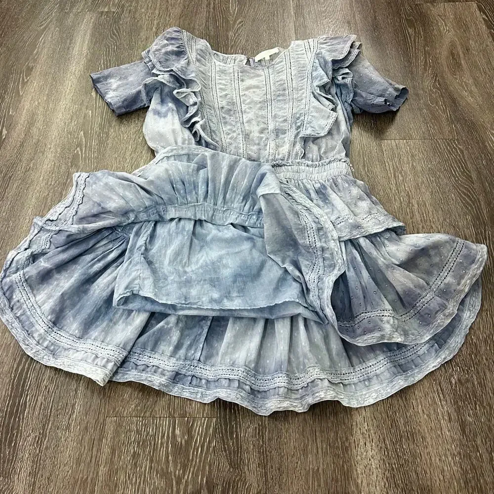LoveShackFancy Natasha Mini Dress Washed Denim Blue Ruffle Sz Large - Picture 11 of 15